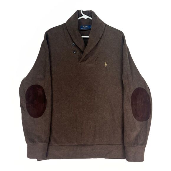 Large Polo Ralph Lauren Shawl Sweater Brown Elbow Patch Pullover Mens‎ Tan Pony - Picture 1 of 6